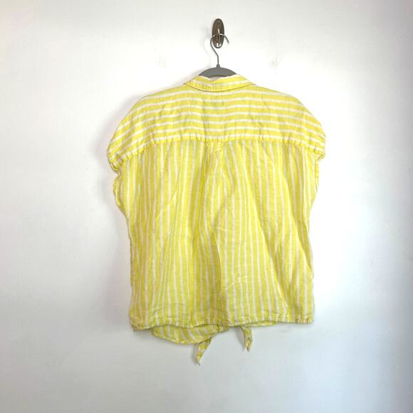 Talbots 100% Linen Butter Yellow Striped Button Up Tie Short Sleeve Top Sz Large - Picture 2 of 6